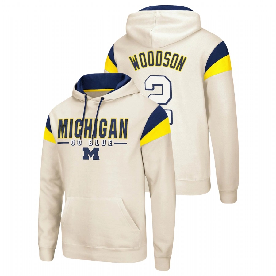 Michigan Wolverines Men's NCAA Charles Woodson #2 Cream Fortress Pullover College Football Hoodie YVB3249JS